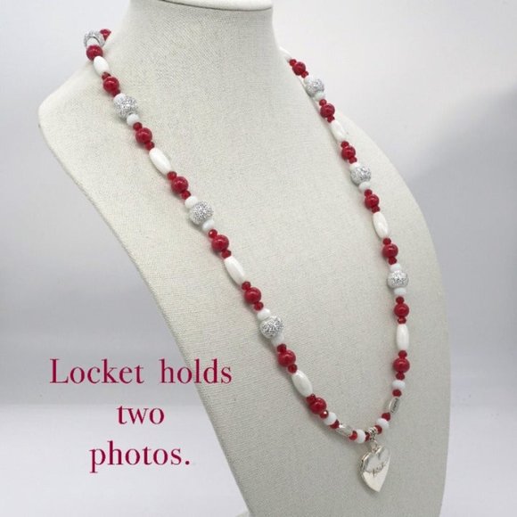 My Bead Emporium Jewelry - Necklace with Heart Locket, white and red beads. Lobster clasp.